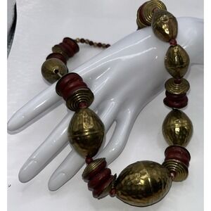 Vintage Necklace Hammered Brass Bone Discs Barrel Clasp Chunky Ethnic Tribal 20"